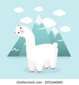 Cute llama or alpaca against the background of mountains and clouds. Vector illustration for greeting card, poster, texture, textile, decor. Cartoon character.