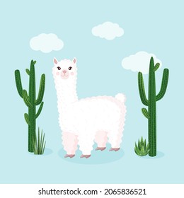 Cute llama or alpaca against the background of cheerful clouds and kautuses. Vector illustration for greeting card, poster, texture, textile, decor. Cartoon character.