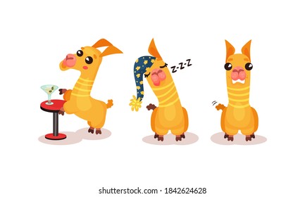 Cute Llama or Alpaca Animal Drinking Cocktail and Sleeping Vector Set
