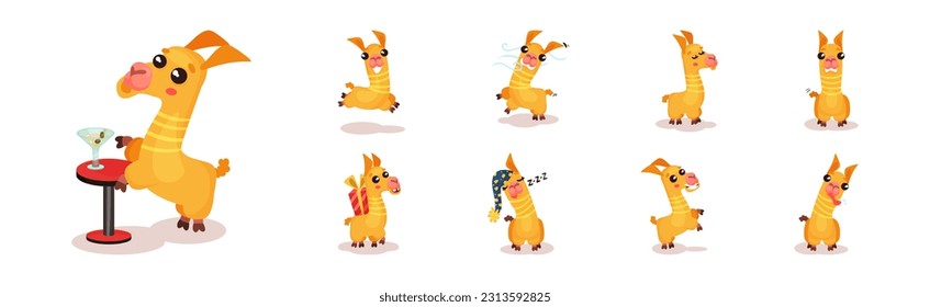 Cute Llama or Alpaca Animal Drinking Cocktail, Jumping, Carrying Gift Box and Snoring Vector Set