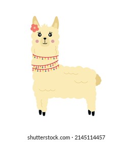 Cute llama alpaca with beads vector graphic design. Llama character illustration for nursery design, poster, greeting card or logo