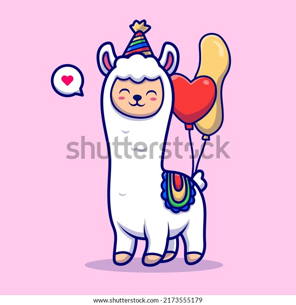 Cute Llama Alpaca Birthday With\
Balloon Cartoon Vector Icon Illustration. Animal Holiday Icon\
Concept Isolated Premium Vector. Flat Cartoon\
Style