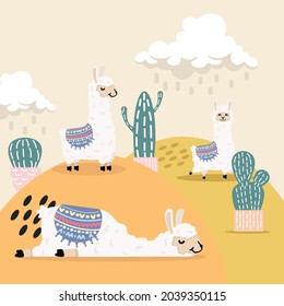 Cute llama and alpaca with cactus