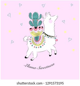  Cute Llama Alpaca with cactus horn Vector illustration