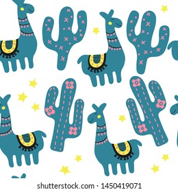 Cute llama or alpaca and cactus texture. Cartoon childish illustration. Blue multicolor nursery apparel. Seamless pattern in scandinavian style isolated on white background.