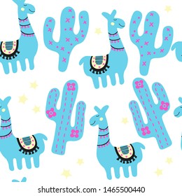 Cute llama or alpaca and cactus texture. Cartoon childish illustration. Blue creative nursery apparel. Seamless pattern in scandinavian style isolated on white background.