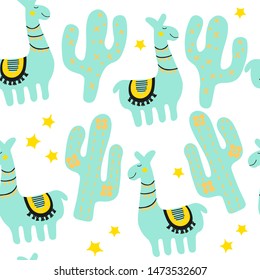Cute llama or alpaca and cactus texture. Cartoon childish illustration. Blue hipster nursery apparel. Seamless pattern in scandinavian style isolated on white background.