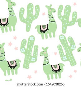 Cute llama or alpaca and cactus texture. Cartoon childish illustration. Pastel color colorful nursery apparel. Seamless pattern in scandinavian style isolated on white background.