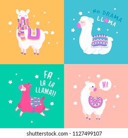 Cute llama and alpaca card. Funny set of lama quote. Cartoon lama character vector illustration. 