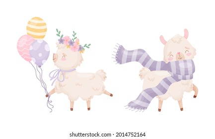 Cute Llama or Alpaca Carrying Balloons and Wearing Scarf Vector Set