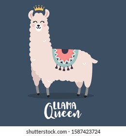 Cute Llama, Alpaca cartoon vector with crown and Llama Queen Quotes for T-shirt, Card, Poster, Case, Nursery or Kids Room.