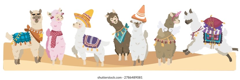 Cute llama and alpaca character collection wearing colorful outfits and accessories in a playful cartoon style. Adorable flat vector illustration inspired by boho fashion, desert travel, and kawaii animal aesthetic.