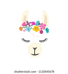 Cute llama alpaca character vector graphic design. Cartoon llama head with flower crown illustration for card and shirt design