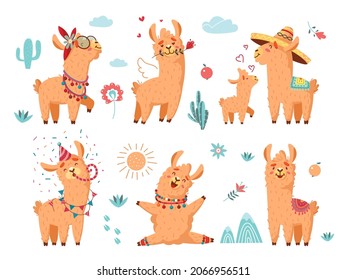 Cute llama. Alpaca characters, wool cartoon animals with flowers. Baby lama with mother, funny birthday fluffy wild alpacas, classy vector collection