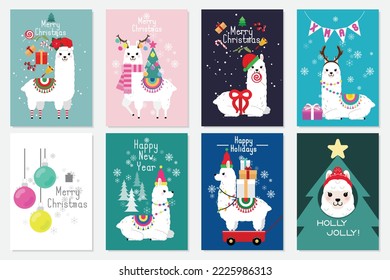 Cute llama and alpaca with Christmas holidays theme. Cute design for nursery, poster, Merry Christmas, birthday greeting card. Vector illustration.