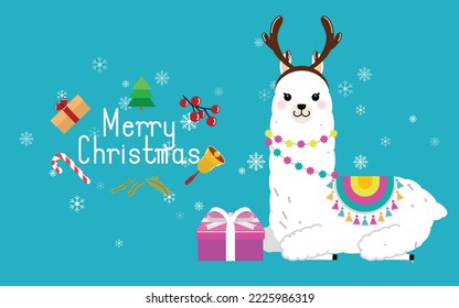 Cute llama and alpaca with Christmas holidays theme. Cute design for nursery, poster, Merry Christmas, birthday greeting card. Vector illustration.