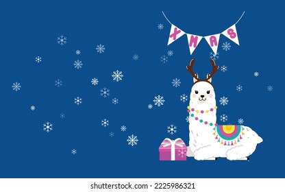 Cute llama and alpaca with Christmas holidays theme. Cute design for nursery, poster, Merry Christmas, birthday greeting card. Vector illustration.