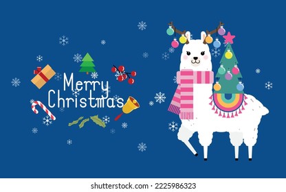 Cute llama and alpaca with Christmas holidays theme. Cute design for nursery, poster, Merry Christmas, birthday greeting card. Vector illustration.