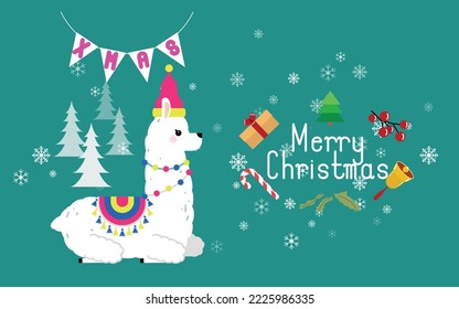 Cute llama and alpaca with Christmas holidays theme. Cute design for nursery, poster, Merry Christmas, birthday greeting card. Vector illustration.