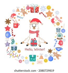 Cute llama (alpaca) in a circle of elements for Christmas design. Vector cozy winter illustration with a llama for posters, postcards, prints, web design.Hello, Winter!