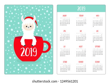 Cute llama alpaca. Coffee tea cup. Santa hat. Pocket calendar layout 2019 new year. Vertical orientation. Week starts Sunday. Cartoon funny baby character. Flat design. Blue snow background. Vector