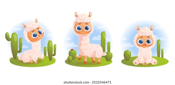 Linda Llama alpaca. Animales de colección con cactus ang sky. Ilustraciones vectoriales aisladas en estilo de dibujos animados