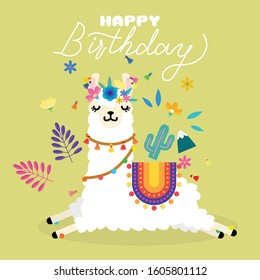 Cute llama alpaca with colorful spring flowers. Llama character illustration for nursery design, poster, greeting, birthday card, baby shower design and party decor