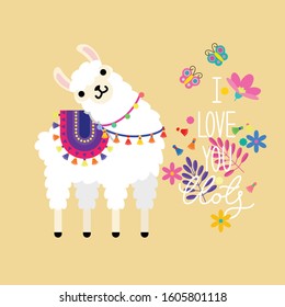 Cute llama alpaca and colorful spring flowers with lettering I love you llots. Llama character illustration for nursery design, poster, greeting, birthday card, baby shower design and party decor