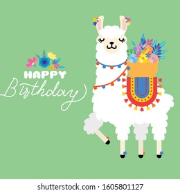 Cute llama alpaca with colorful spring flowers. Llama character illustration for nursery design, poster, greeting, birthday card, baby shower design and party decor