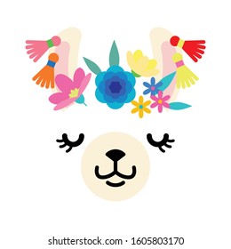 Cute llama alpaca with colorful spring flowers. Llama character illustration for nursery design, poster, greeting, birthday card, baby shower design and party decor