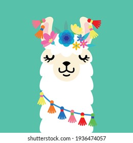 Cute llama alpaca with colorful spring flowers. Llama character illustration for nursery design, poster, greeting, birthday card, baby shower design and party decor