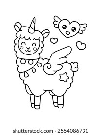 Cute llama alpaca coloring page illustration