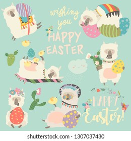 Cute llama or alpaca with Easter eggs