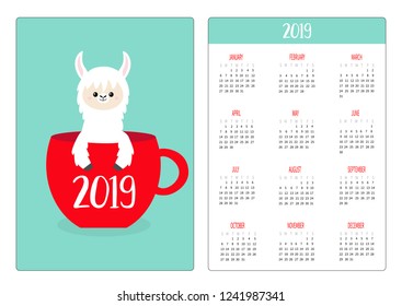 Cute llama alpaca face head. Red coffee tea cup. Pocket calendar layout 2019 new year. Vertical orientation. Week starts Sunday. Cartoon kawaii funny baby character. Flat design Blue background Vector