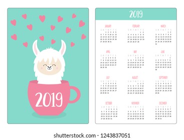 Cute llama alpaca face head. Coffee tea cup. Pocket calendar layout 2019 new year. Vertical orientation. Week starts Sunday. Cartoon kawaii funny baby character. Flat design. Blue background. Vector
