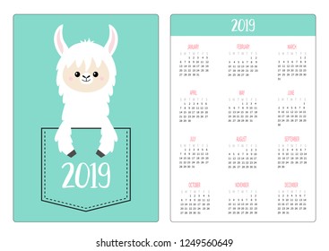 Cute llama alpaca face head in the pocket. Simple calendar layout 2019 new year. Vertical orientation. Week starts Sunday. Cartoon kawaii funny baby character. Flat design. Blue background. Vector