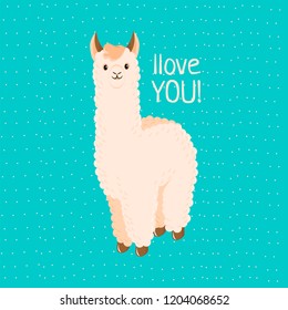 Cute llama or alpaca flat character for nursery issue, poster, banner, logo, icon, greeting card, sticker. Baby llama or little alpaca for wool producer. Animal cartoon illustration and text llove you