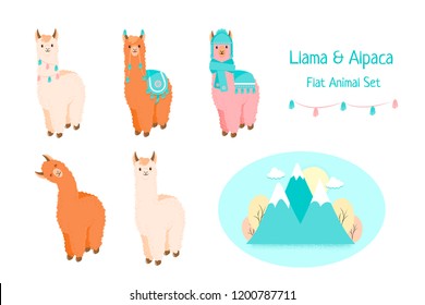 Cute llama or alpaca flat characters set for nursery design, poster, banner, logo, icon, greeting card, sticker. Baby llama or little alpaca with mountains. Cartoon animal in scarf and with pompons