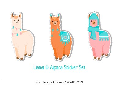 Cute llama or alpaca flat characters set for nursery design, poster, banner, logo, icon, greeting card, sticker. Baby llama or little alpaca for wool producer. Cartoon wild animal in scarf and pompons