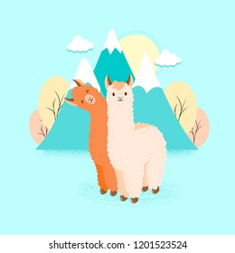 Cute llama or alpaca flat vector character for nursery design, poster, banner, logo, icon, greeting card, sticker. Baby llama or little alpaca for wool producer. Cartoon animals with mountains