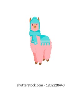 Cute llama or alpaca flat vector character for nursery design, poster, banner, logo, icon, greeting card, sticker. Baby llama or little alpaca for wool producer. Cartoon animal in scarf and hat