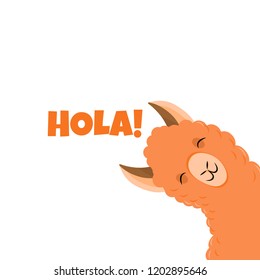 Cute llama or alpaca flat vector character for nursery design, poster, banner, logo, icon, greeting card, sticker. Baby llama or little alpaca for wool producer. Animal cartoon illustration says Hola