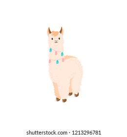 Cute llama or alpaca flat vector character for nursery design, poster, banner, logo, icon, greeting card, sticker. Baby llama or little alpaca for wool producer. Cartoon animal with pompons