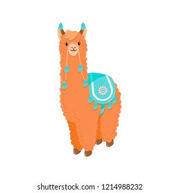 Cute llama or alpaca flat vector character for nursery design, poster, banner, logo, icon, greeting card, sticker. Baby llama or little alpaca for wool producer. Cartoon animal with pompons