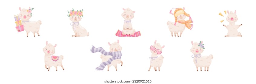 Cute Llama or Alpaca Fluffy Character with Pretty Snout Vector Set