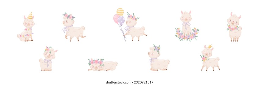 Cute Llama or Alpaca Fluffy Character with Pretty Snout Vector Set