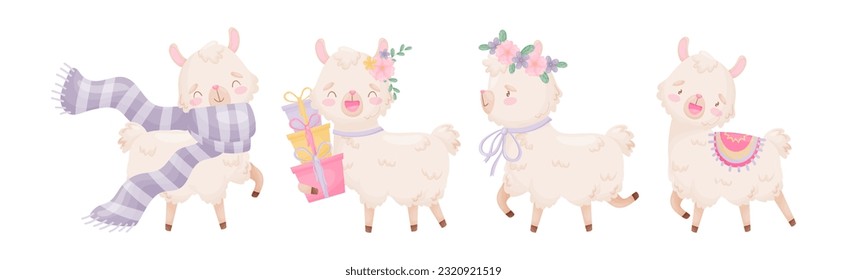 Cute Llama or Alpaca Fluffy Character with Pretty Snout Vector Set