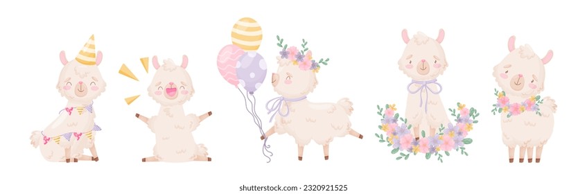 Cute Llama or Alpaca Fluffy Character with Pretty Snout Vector Set