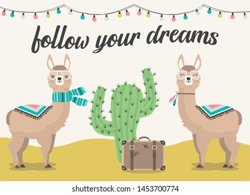 Cute llama and alpaca of hand drawn illustrations, cactus and suitcase with the phrase follow your dreams