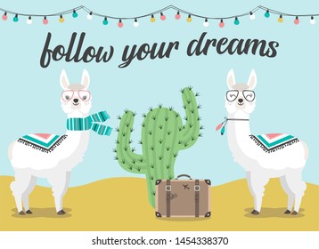 Cute llama and alpaca of hand drawn illustrations, cactus and suitcase with the phrase follow your dreams